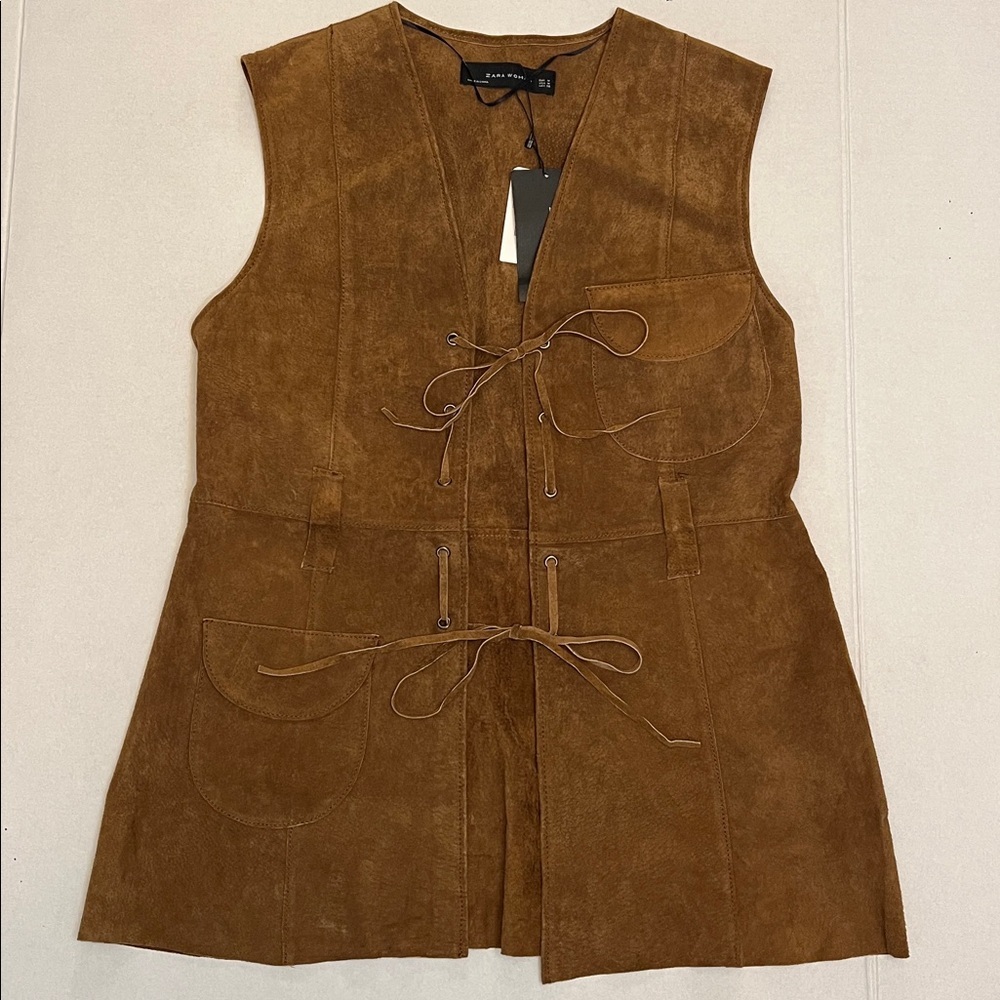 ZARA BROWN LEATHER LACE-UP FESTIVAL BOHO VEST SIZE MEDIUM - Picture 2 of 16